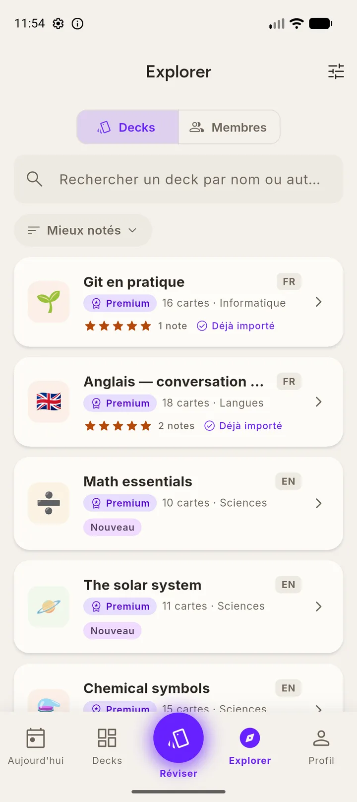 Explorateur de decks communautaires avec notes, langues et import en un geste
