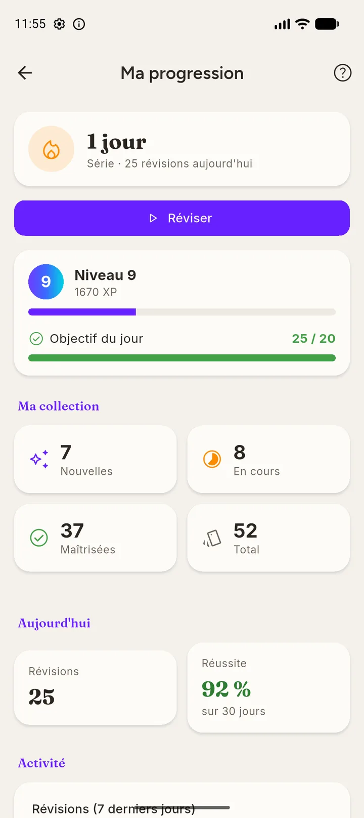 Écran de progression : série, niveau, objectif du jour et taux de réussite